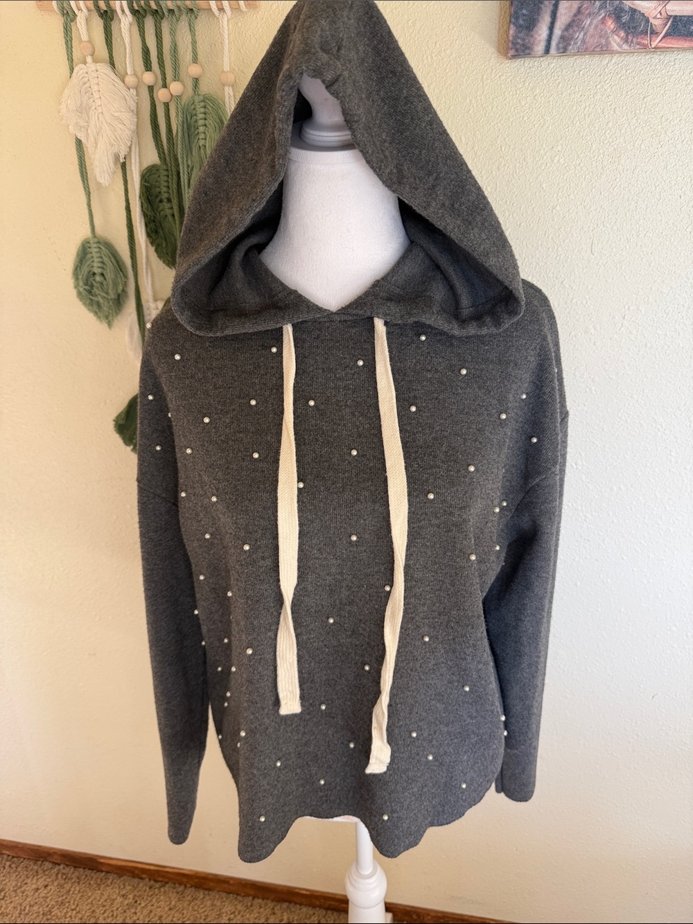 Zara Charcoal Hooded Pullover with Pearl Studs